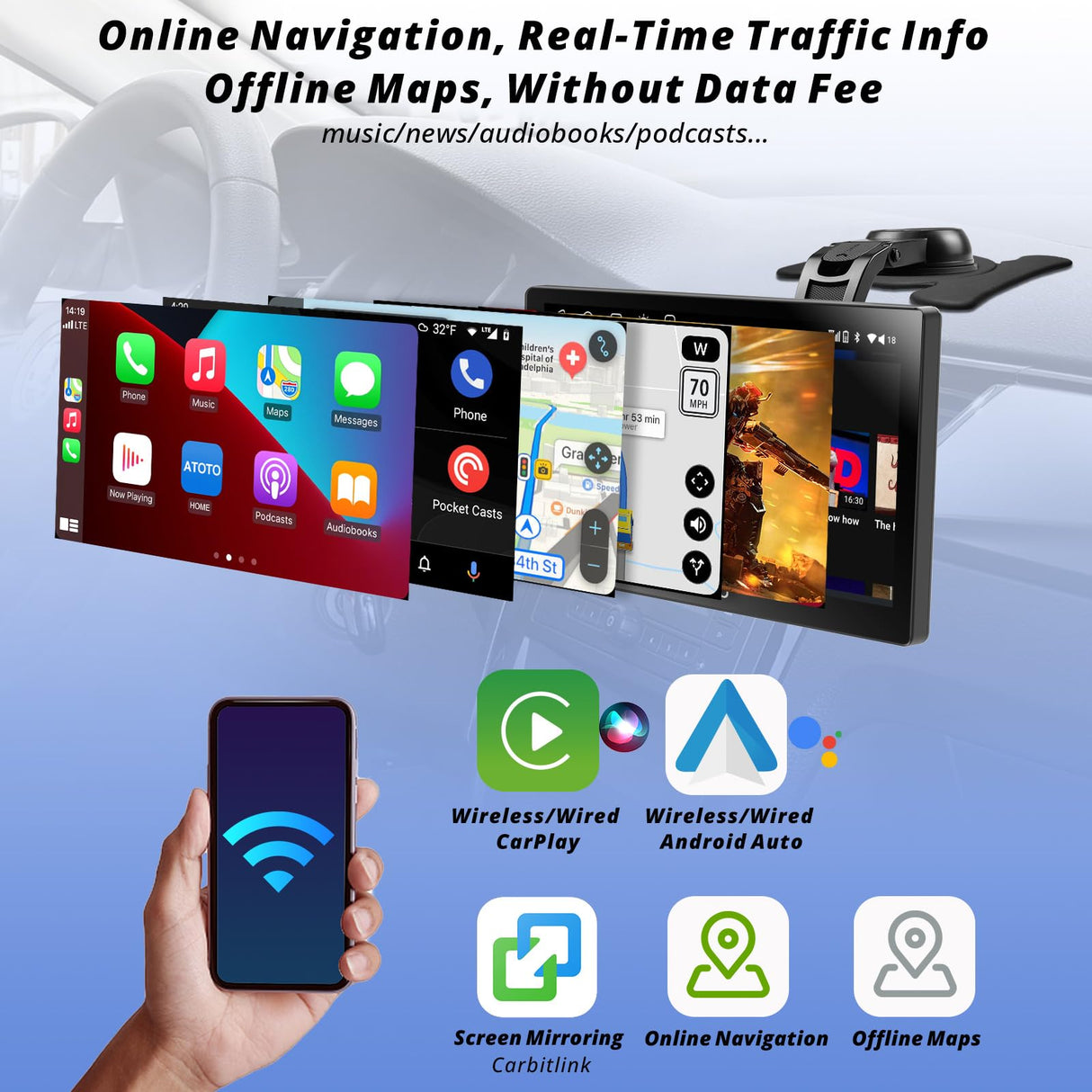 ATOTO P9 9-Zoll QLED Android Tragbares Armaturenbrett-Videogeräte,Autoradio 4G+32G,mit HD 1080P Frontkamera,Wireless CarPlay &amp; Android Auto,GPS-Verfolgung,4G-LTE,Fernbedienung,P909PR-S1