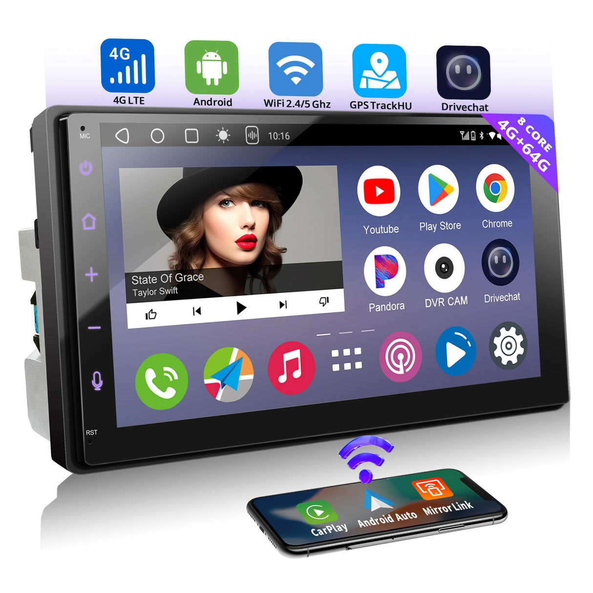 Android Double DIN Car Stereo, RevcarX 4G LTE Wireless Carplay & Android Auto, 4G+64G 7 Inch QLED Touchscreen Radio with 36-Band EQ, 2.4/5Ghz WiFi/BT, GPS Tracker, Mirror Link with Microphone