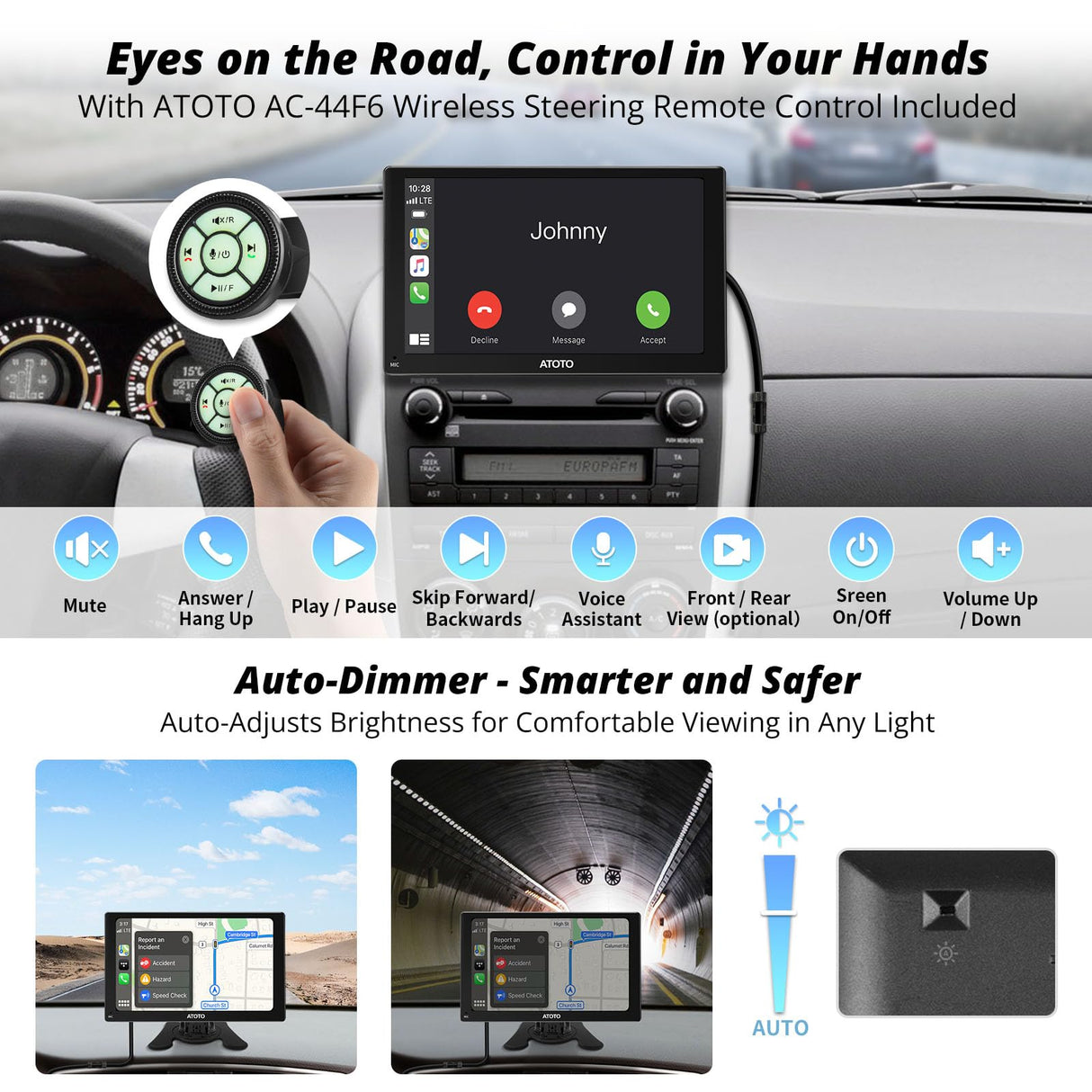 ATOTO P5 7 inch QLED Portable Car Stereo, Wireless CarPlay&Android Auto, Glare-Suppressing Touchscreen Car Radio Bluetooth, Auto-Dimmer, GPS Navi, MirrorLink, AUX/FM/MIC, Remote Control, P507SD-S01