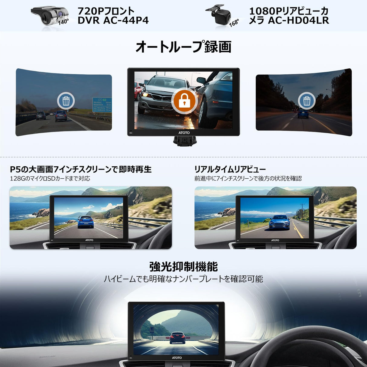 ATOTO P5 ポータブルカーナビ、7インチ QLED タッチカーステレオ、ワイヤレスCarplay ワイヤレスAndroid Auto、ミラーリンク、Bluetooth、1080pフロント＆リアビューカメラ搭載、オートディマー、ステアリングホイールコントロール、 AUX/FM 出力、P507SD-S31