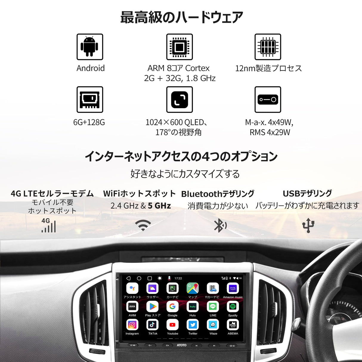 [ 7 インチQLED] ATOTO S8 Ultra 新型 オーディオ一体型カーナビ、ワイヤレスCarPlay & Android Auto、AI音声アシスタント、GPSトラッキング、4G内蔵、ジェスチャー認識、aptX HDデュアルBluetooth、VSV駐車支援、HD LRVライブリアビュー, 6G+128G 、4*49Wアンプ、32バンドEQ、S8G2A79UN