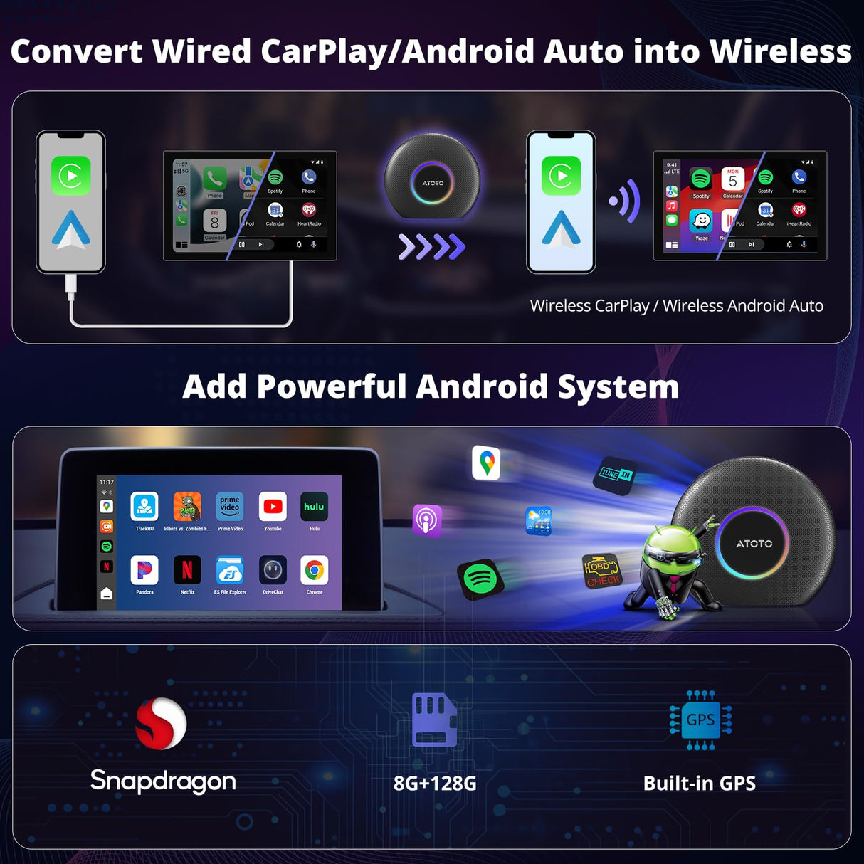 ATOTOZONE CB6 CarPlay&Android Al Box with Al Drivechat, GPS Track, 2 BT, 4G LTE, 8G+128G, Black