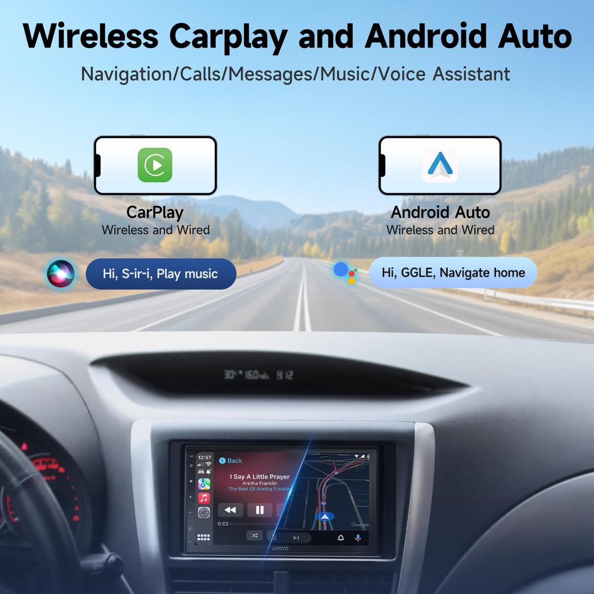 ATOTOZONE Double Din Autoradio, Draadloze Carplay en Android Auto met ondersteuning voor MirrorLink, Touchscreen autoradio-ontvangers met 2+32G, 48-bands EQ, Bluetooth, FM/AM (7")