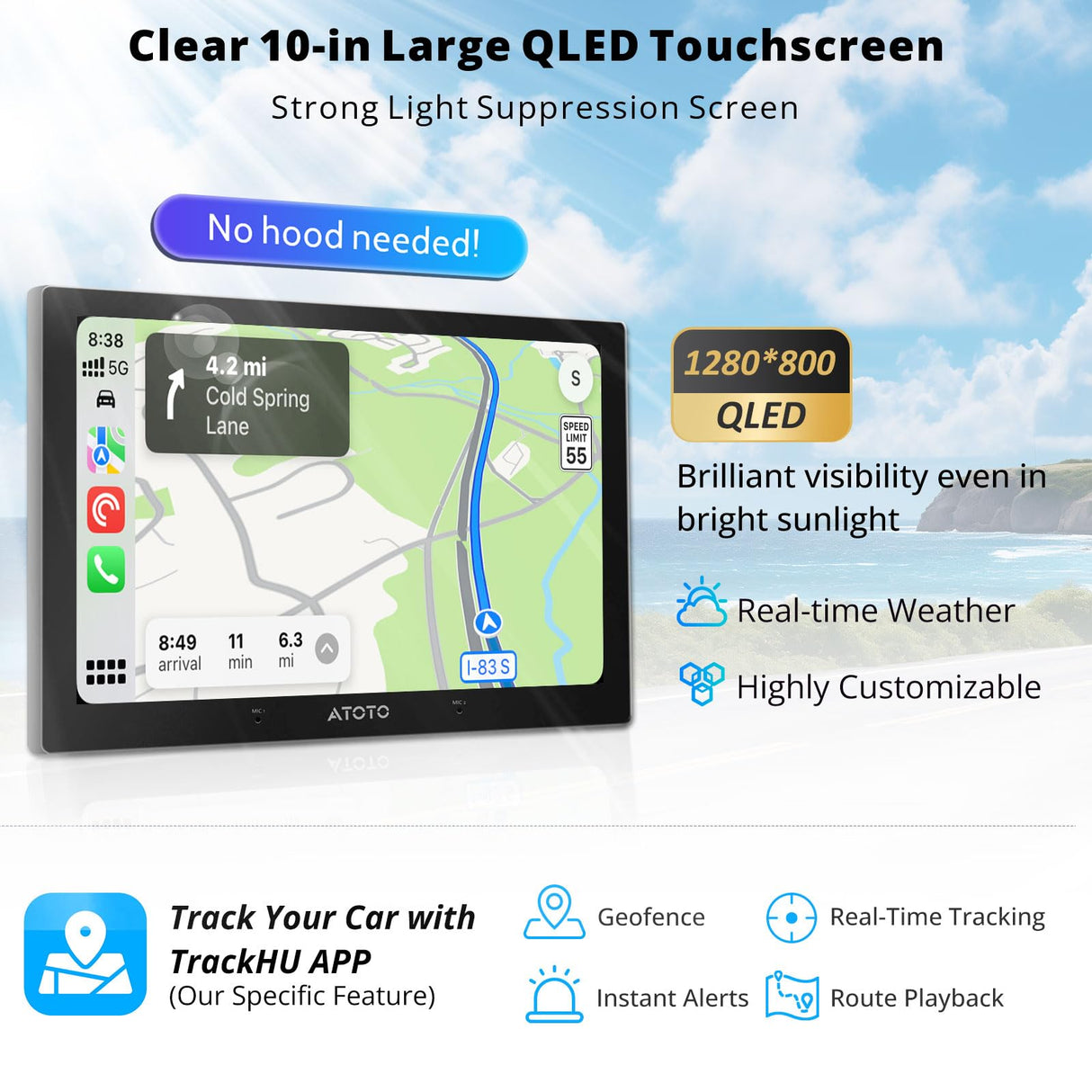 ATOTOZONE X10DG211E 10" QLED Dab Autoradio Android 2 Din, 8+128G, Carplay sans Fil & Android Auto, 4G LTE, Assistant Vocal IA, Suivi GPS, Microphone Double & BT & Entrée caméra, LRV, Entrée HDMI