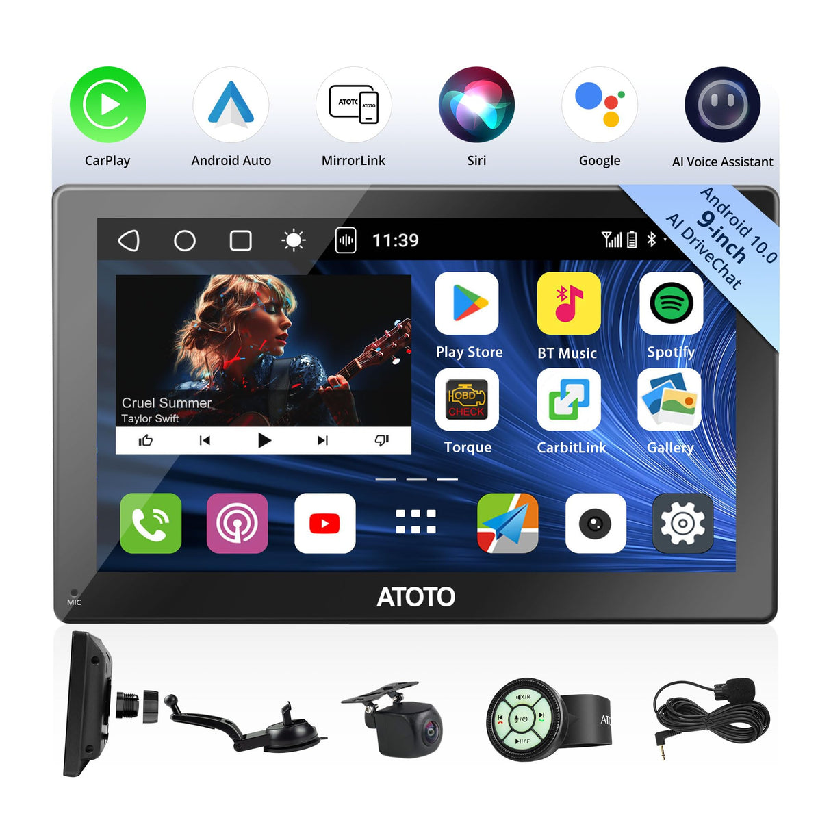 CarPlay Screen for Car/Android Auto Screen Wireless Wired, Portable Android System 9 Inch QLED Touchscreen 1280x720p, 2GB/32GB ChatGPT AI Multimedia Car Play, Fast Boot (P909SD1M-S2)