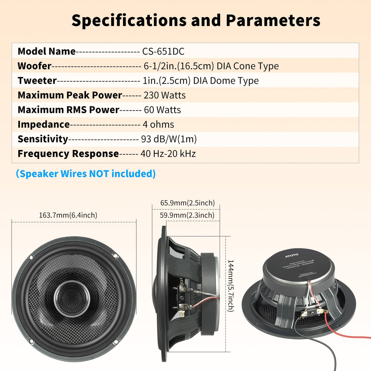 ATOTO CS-651DC Altavoces coaxiales para Coche de 2 vías de 16,5cm, 230W máx/60W RMS, Woofer 16,5 cm y Tweeter 2,5 cm, 4 Ohm Altavoces Coche con Sonido Envolvente, Par