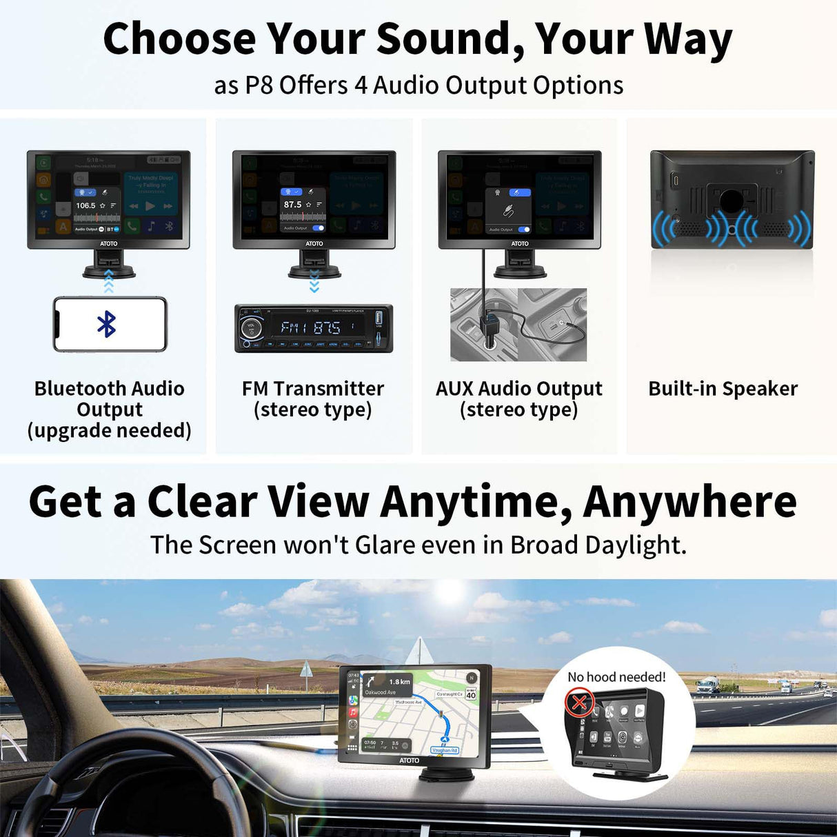 ATOTO P8 Portable Car Stereo, Wireless CarPlay & Wireless Android Auto, 7inch QLED Glare-Suppressing Touchscreen, WDR&Auto Dimmer, Bluetooth, Remote Control, AUX/FM Output, P807SD-RM