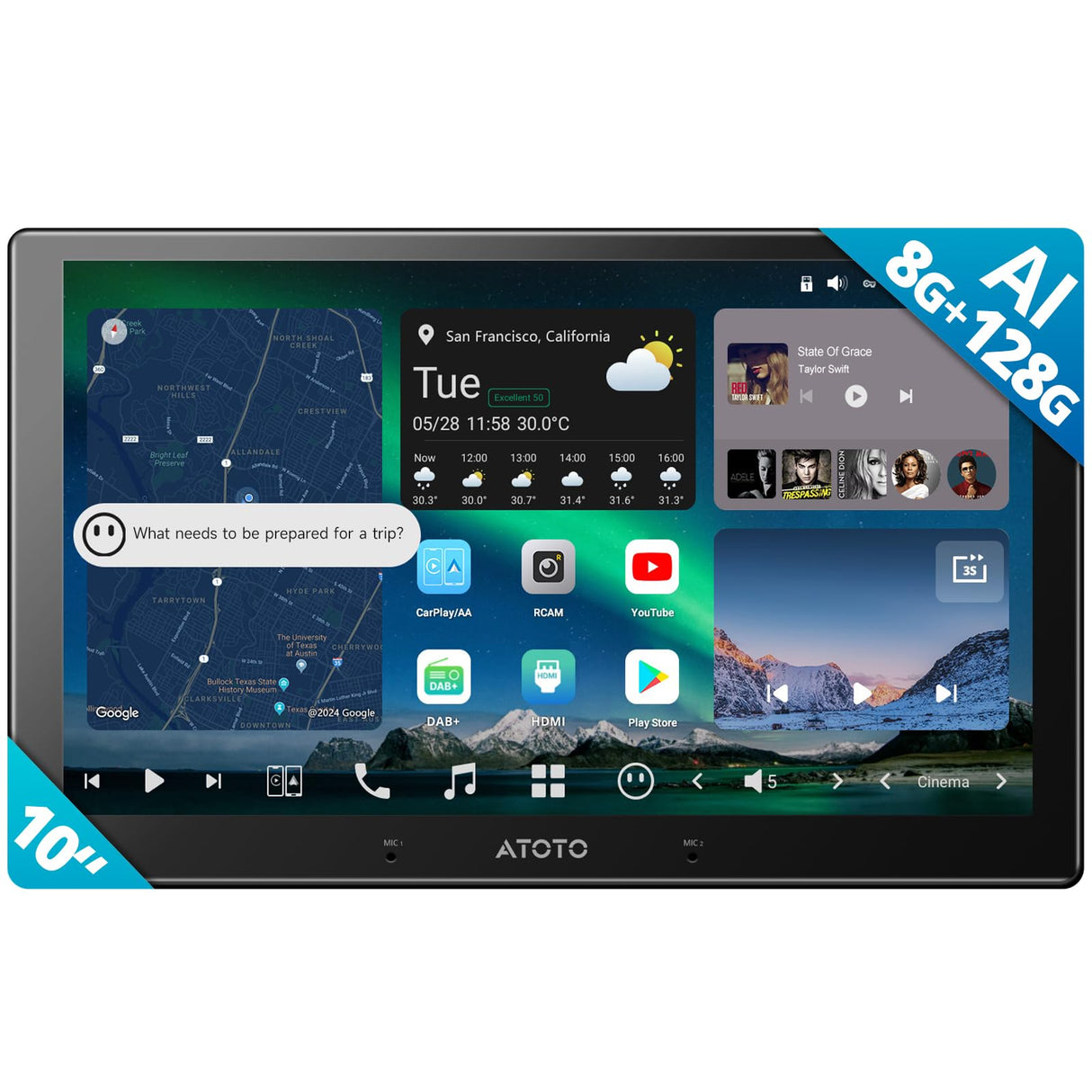 ATOTOZONE X10DG211E 10 Zoll Android DAB+ Autoradio Doppel-Din, 8+128G, 4G LTE, KI-Sprachassistent, Kabelloses Carplay & Android Auto, Duales Mikrofon & BT & Kameraeingang, 36B-EQ, HDMI-Eingang