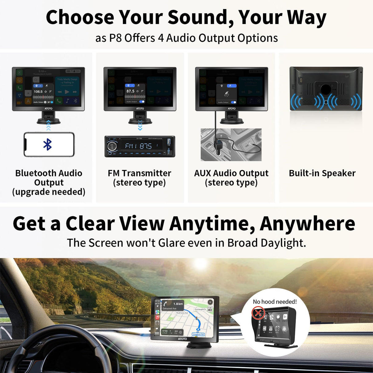 ATOTO P8 7 Pouces Autoradio Portable à écran tactile, Carplay sans Fil et Android Auto sans Fil, avec HD 1080P Front Dash Cam, WDR et gradateur Automatique, Sortie FM/AUX, Télécommande, P807SD-FC