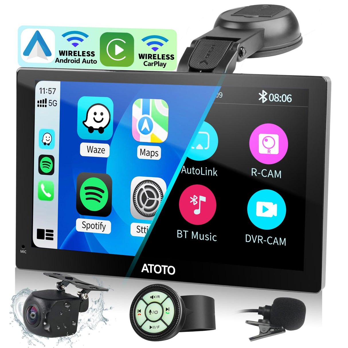 ATOTOEXCEL Portatile Carplay Screen Android Auto Per Auto con Telecamera Di Retromarcia 1080P e SWC, P5 Portatile Wireless Autoradio Navigazione Radio Carplay, 7Pollici QLED Antiriflesso, Mirrorlink