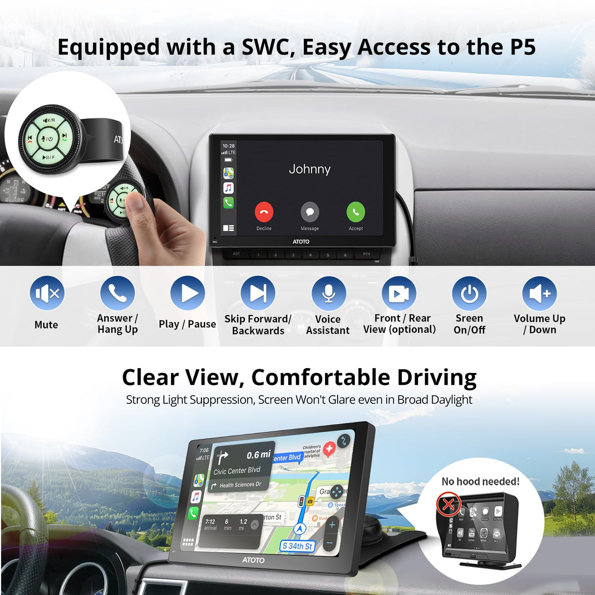 ATOTOEXCEL 9 Pouces Ecran AndroidAauto avec caméra arrière 1080P, Carplay sans Fil et Android Auto sans Fil, 1280X720 QLED écran Carplay Voiture, Autoradio Portable avec Mirror Link/Bluetooth/FM/AUX