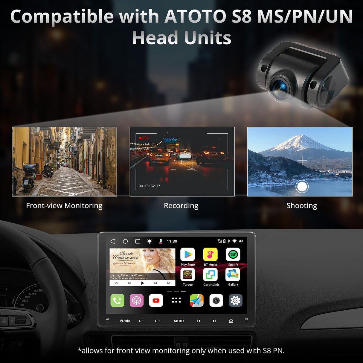 ATOTO AC-FCR04W 1080P Fotocamera Frontale、Angolo Ampio 150°、Visione Notturna、Registrazione In Loop、Supporta Fino A 128GB、Compatibile Con S8 UN/MS/PN、S8 PN/MS Solo Per Monitoraggio Frontale 