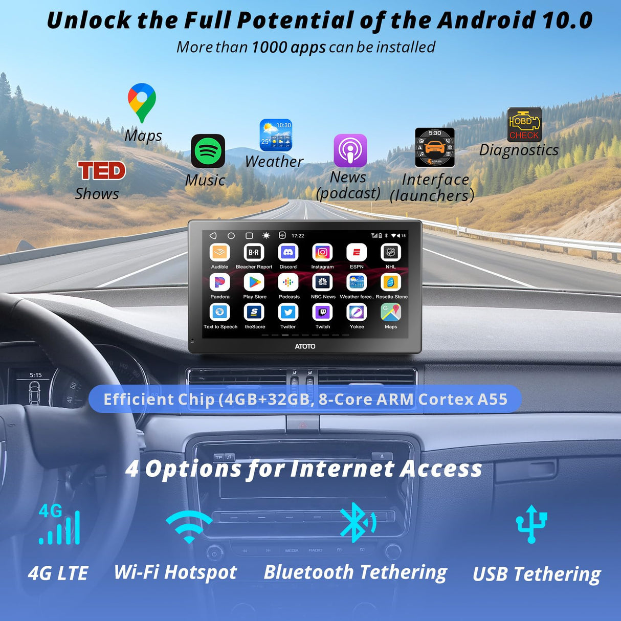 ATOTO P9 9-Zoll QLED Android Tragbares Armaturenbrett-Videogeräte,Autoradio 4G+32G,mit HD 1080P Frontkamera,Wireless CarPlay &amp; Android Auto,GPS-Verfolgung,4G-LTE,Fernbedienung,P909PR-S1