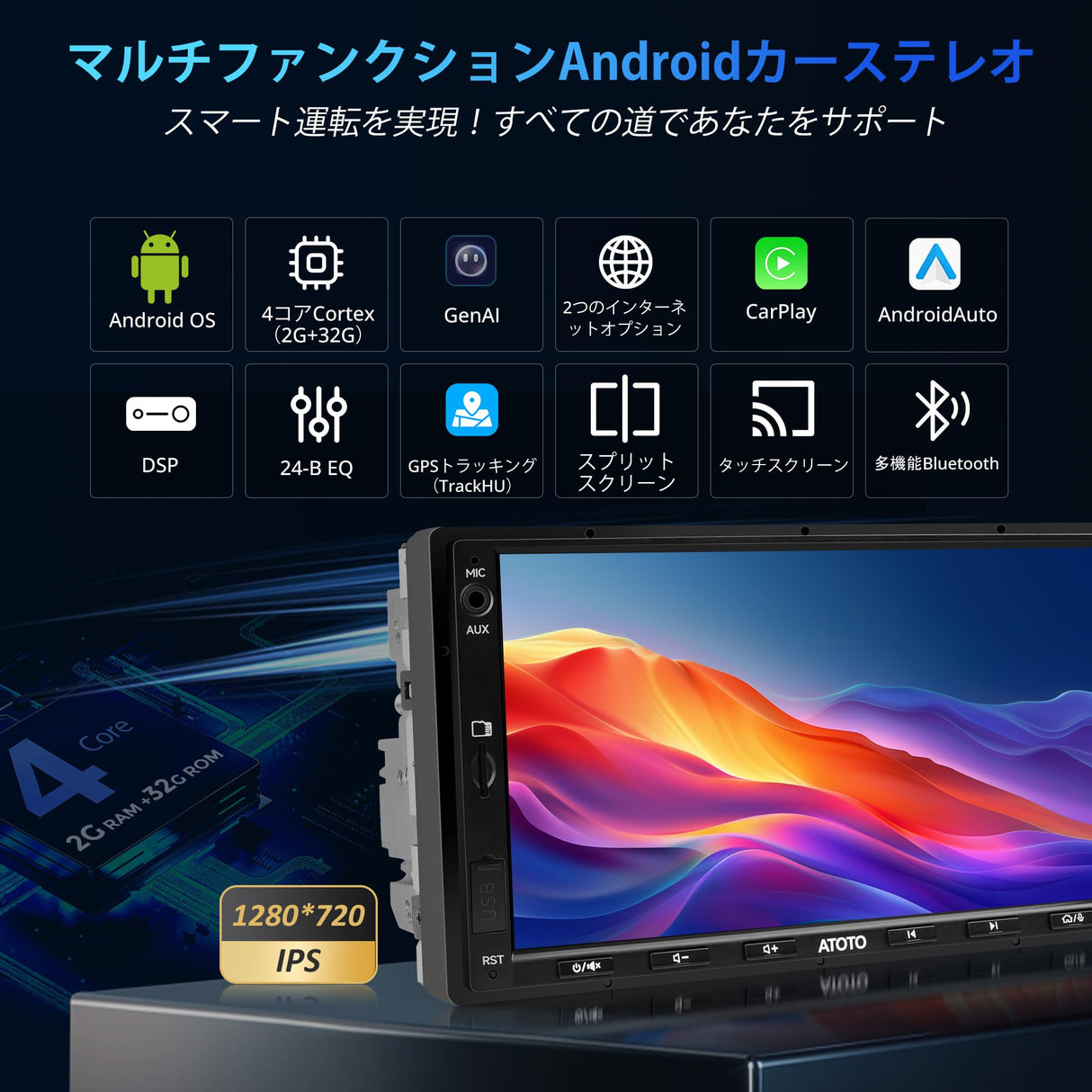 ATOTOEXCEL A5L ダブルDIN アンドロイドナビ、2G + 32G、ワイヤレスCarPlay、Android Auto ワイヤレス、7インチ IPS 1280*720 ディスプレイ ダッシュカム付き、24バンドEQ、WiFi/BTテザリングインターネット、GPS トラッキング、MirrorLink、FM/AM対応 USB/TF動画再生