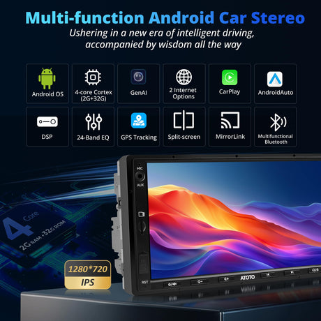 ATOTOEXCEL A5L オートラジオ 2 din Android - 7 Pollici 1280 x720 IPS CarPlay センサーフィリ、Android オート センザフィリ、オートラジオ Android コン OBD2、EQ、24 バンド、2+32G、テザリング de WiFi/BT、FM/USB/TF