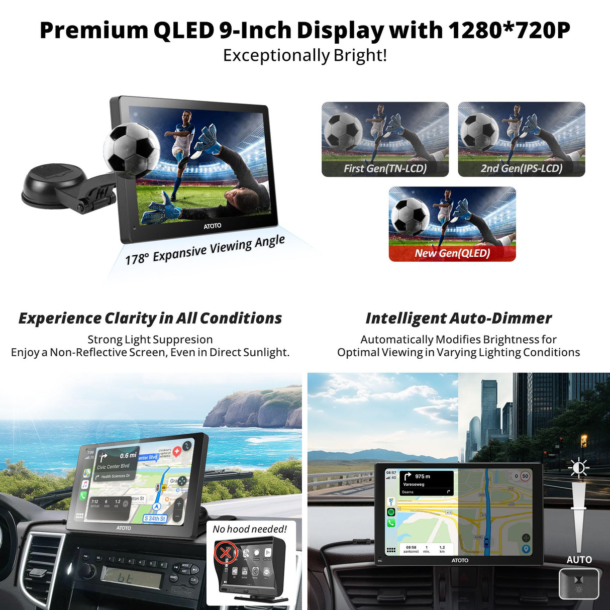 CarPlay Screen for Car/Android Auto Screen Wireless Wired, Portable Android System 9 Inch QLED Touchscreen 1280x720p, 2GB/32GB ChatGPT AI Multimedia Car Play, Fast Boot (P909SD1M-S2)