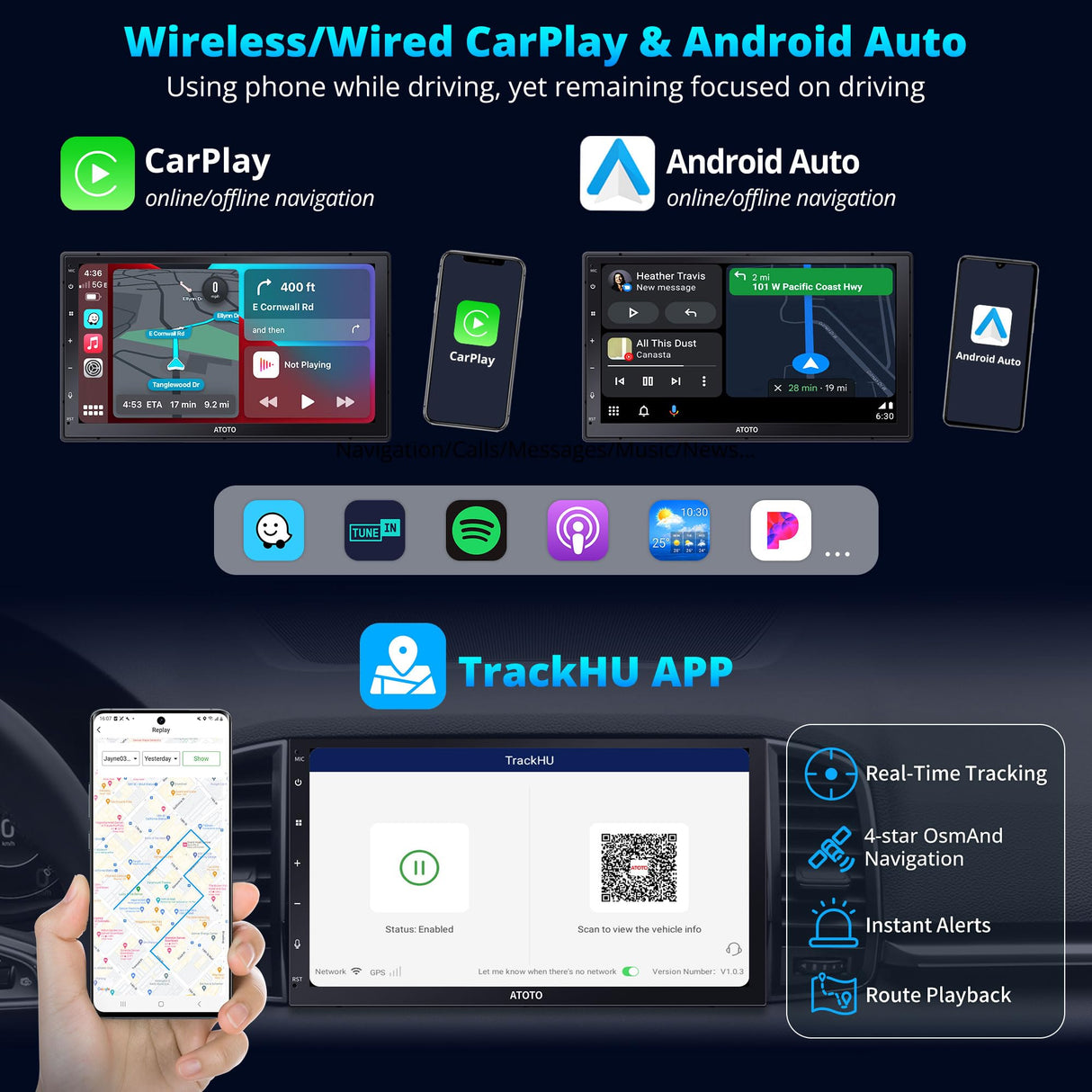 Autoradio 2 Din Android avec écran - ATOTOEXCEL 8Core entièrement stratifié écran tactile QLED Bluetooth avec micro, Android Auto Wireless & Carplay, Contrôle vocal, Navi GPS, A6C7PF (Android+Mic)