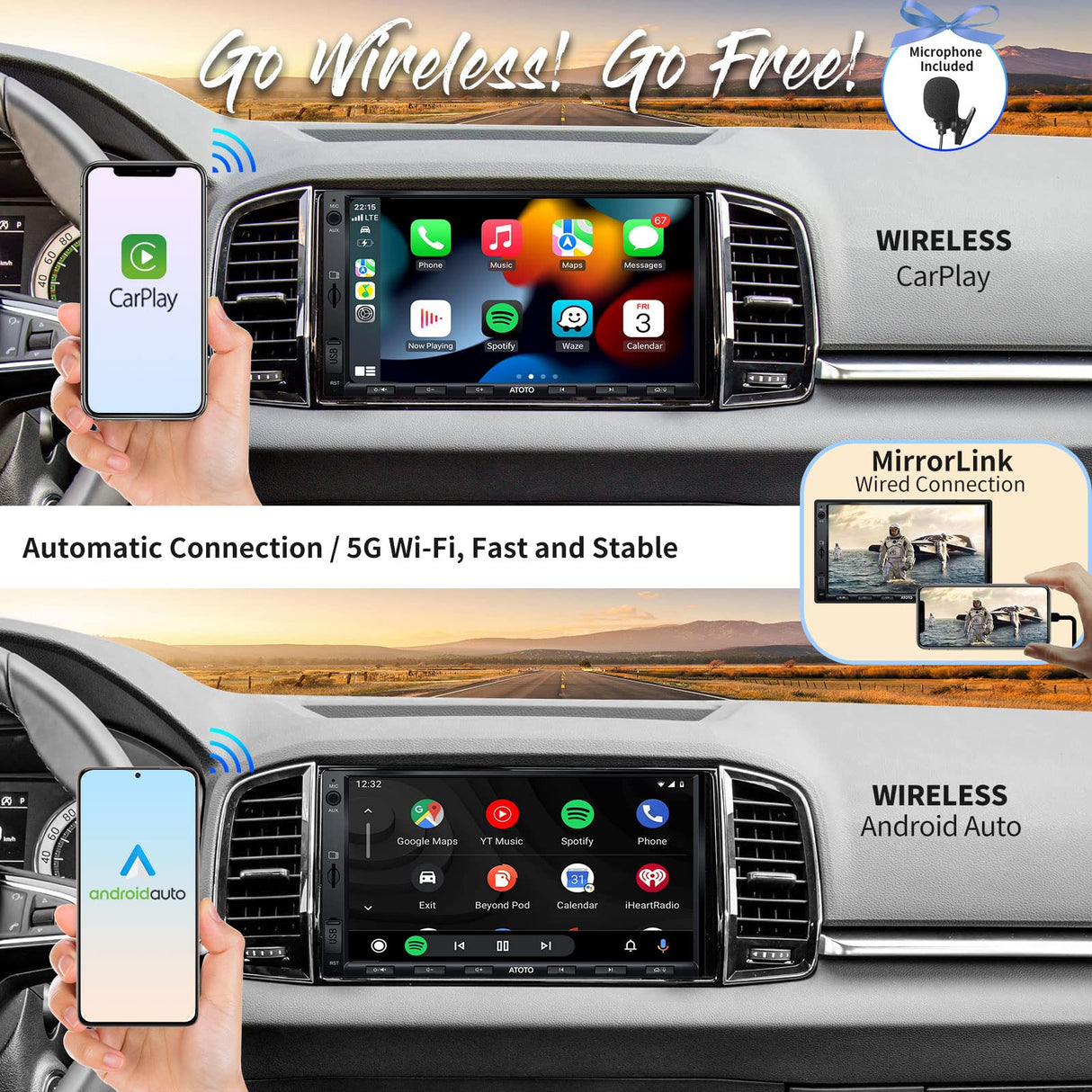 ATOTO F7 XE 7 inch Double-DIN Digital Media Receivers with Built in DAB/DAB+ - Wireless CarPlay & Wireless Android Auto, Car Stereo with Bluetooth, Mirror Link, HD LRV, Quick Charge, F7G2A7XED