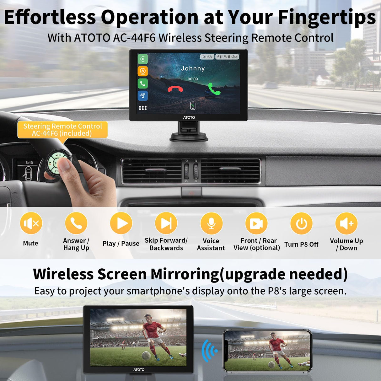 ATOTO P8 7 Pulgadas Pantalla Táctil Portátil Radio, Carplay inalámbrico y Android Auto inalámbrico, con HD 1080P Front Dash CAM, WDR y Auto Dimmer, Salida FM/AUX, Bluetooth, Control Remoto, P807SD-FC