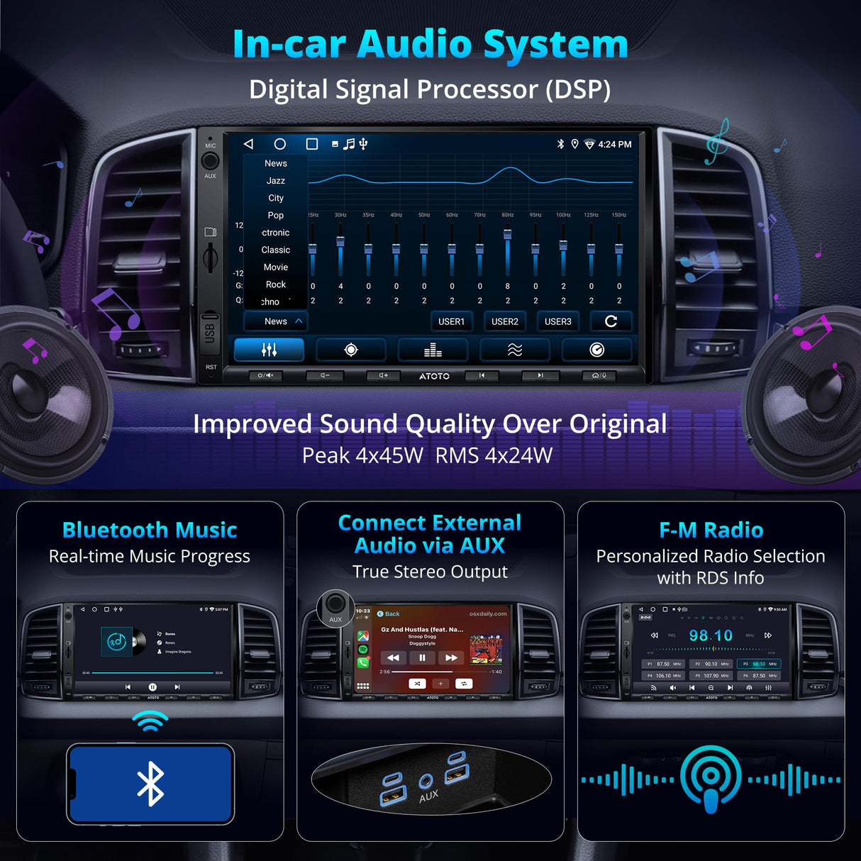 ATOTOEXCEL A5L Autoradio 2 din Android - 7 Pollici 1280 x720 IPS CarPlay senza fili e Android Auto senza fili, Autoradio Android con OBD2, EQ a 24 bande, 2+32G, Tethering de WiFi/BT, FM/USB/TF