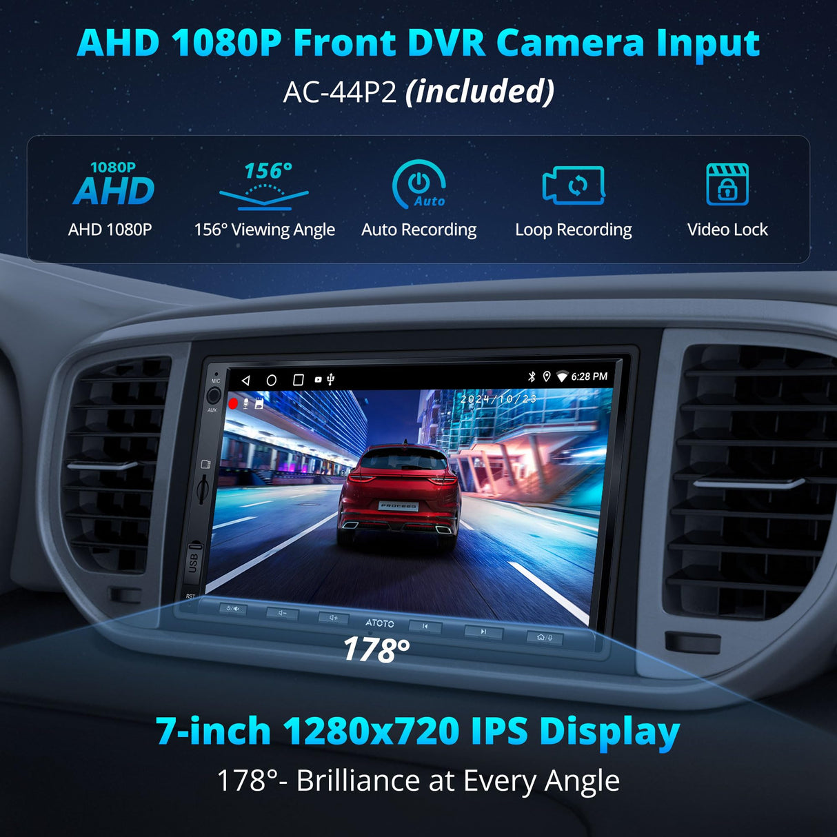 ATOTOEXCEL Android Double DIN Car Stereo, 2G+32G, 7 inch 1280x720 IPS Touchscreen Radio with Dash Cam, 24-Band EQ, A5L Android Stereo Wireless CarPlay & Android Auto, WiFi/BT Tethering, FM/AUX/TF