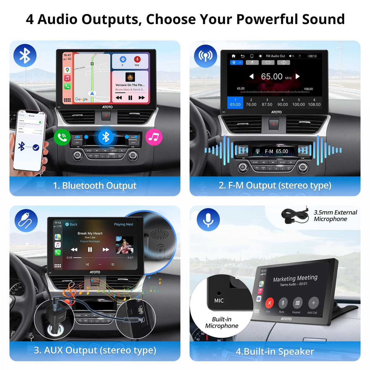 ATOTOEXCEL 9 Pouces Ecran AndroidAauto avec caméra arrière 1080P, Carplay sans Fil et Android Auto sans Fil, 1280X720 QLED écran Carplay Voiture, Autoradio Portable avec Mirror Link/Bluetooth/FM/AUX