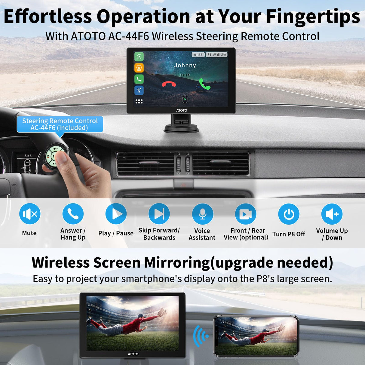 ATOTO P8 Portable Car Stereo, Wireless CarPlay & Wireless Android Auto, 7inch QLED Glare-Suppressing Touchscreen, WDR&Auto Dimmer, Bluetooth, Remote Control, AUX/FM Output, P807SD-RM