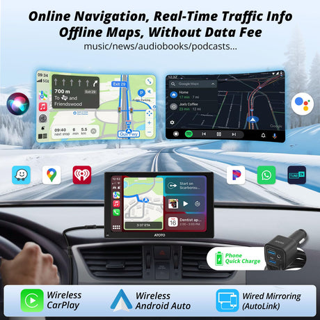 ATOTO P5 Wireless CarPlay Android Auto Screen, Portable Car Stereo, Dash GPS Navigation, 7 inch QLED Glare-Suppressing Touchscreen, MirrorLink, 1080P Backup Camera, Remote Control, P507SD-S21