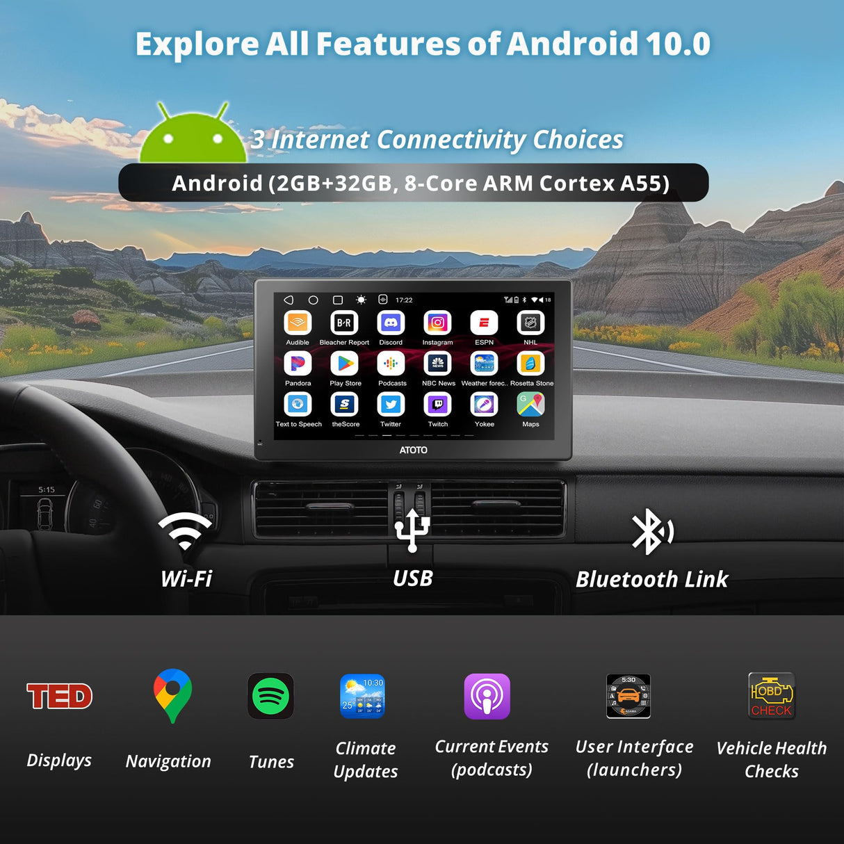 CarPlay Screen for Car/Android Auto Screen Wireless Wired, Portable Android System 9 Inch QLED Touchscreen 1280x720p, 2GB/32GB ChatGPT AI Multimedia Car Play, Fast Boot (P909SD1M-S2)