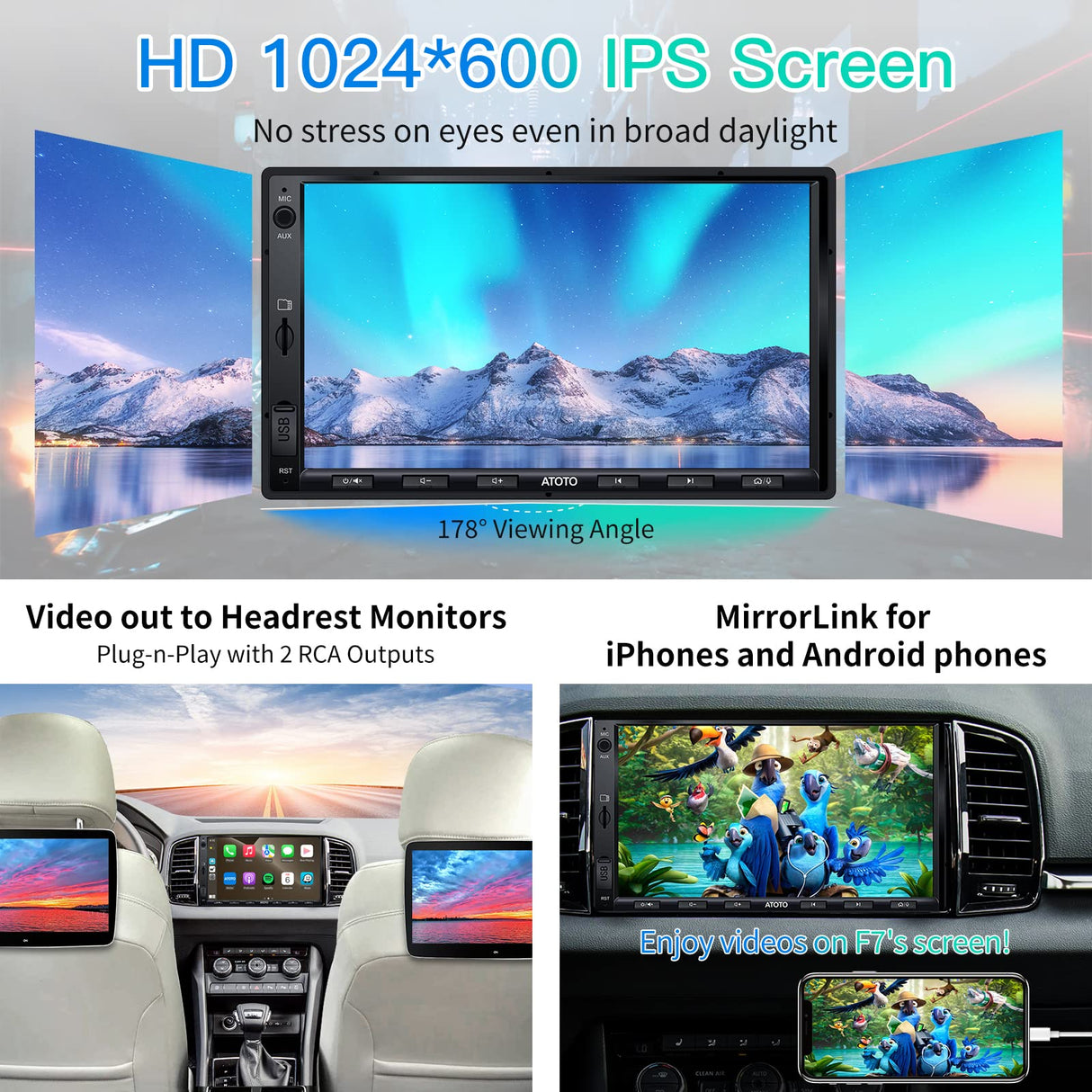 [Upgrade] ATOTO Double Din Car Stereo with Wireless CarPlay,Wireless Android Auto,7in IPS Touchscreen,Bluetooth,Phone Mirroring,HD LRV Camera,USB Video & Audio,F7G2A7WE-S01