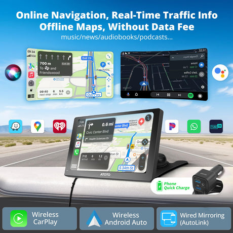 ATOTOEXCEL Tragbares Autoradio mit CarPlay, kabellos, Android Auto kabellos, 9 Zoll QLED Touchscreen Bildschirm für Auto, Backup1080P, Front-Dashcam, Mirror Link/Bluetooth/FM/AUX