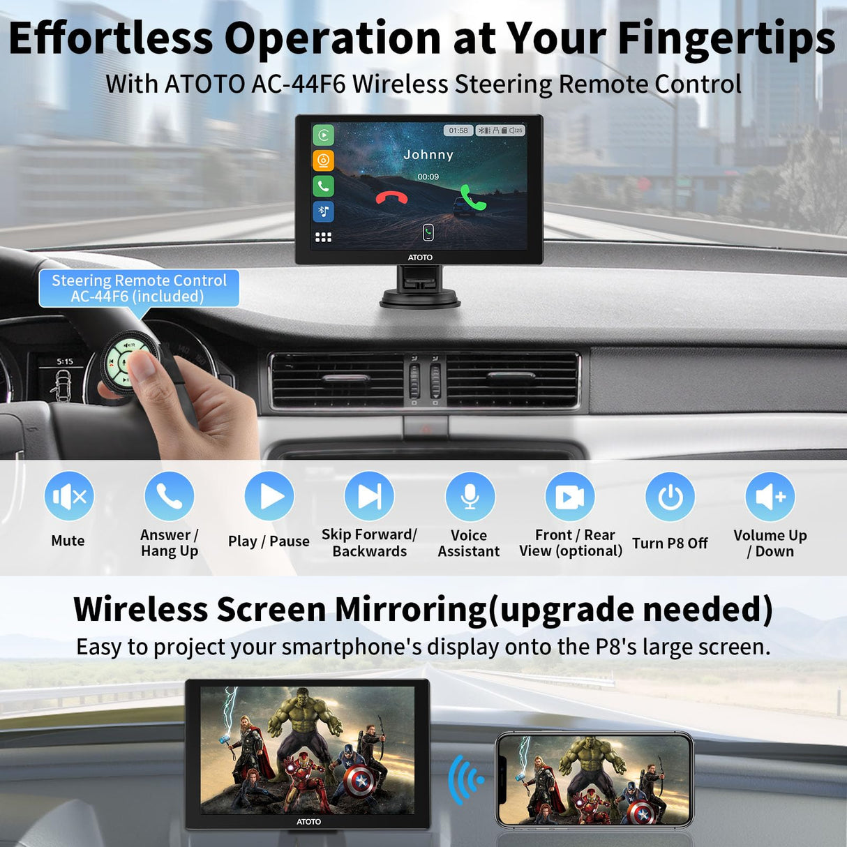 ATOTO P8 draagbare 7'' QLED met Dashboardvideo en achteruitrijcamera, draadloze Carplay en draadloze Android Auto,P8-EU01-E76