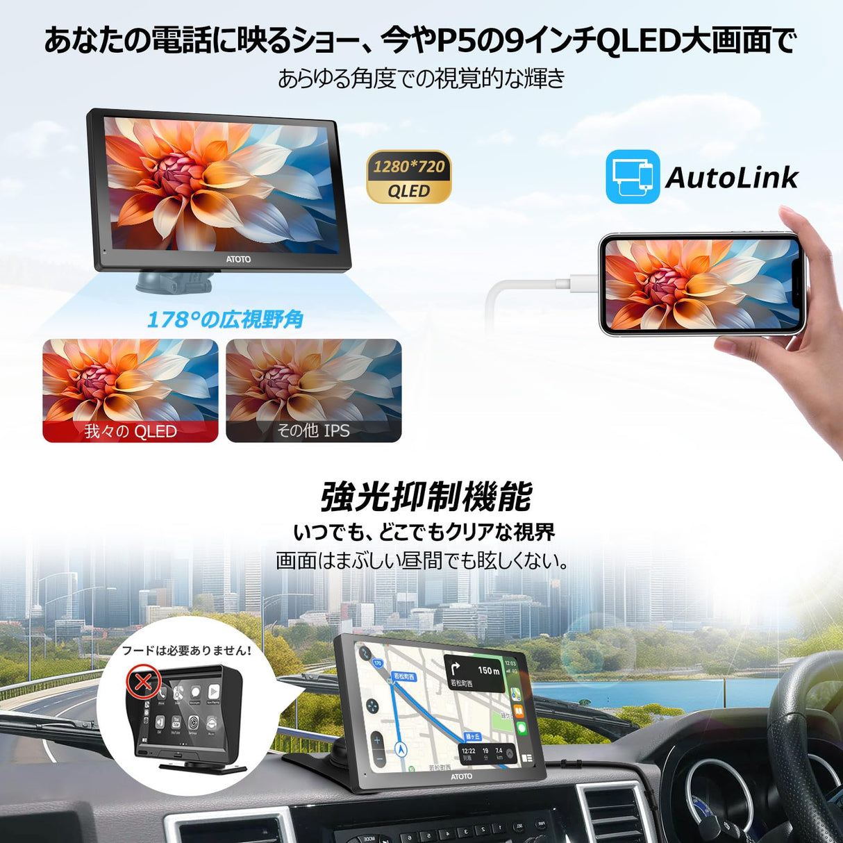 [9インチ] ATOTO P5 ポータブルナビ・PND、1280*720 QLEDタッチスクリーンディスプレイオーディオ、ワイヤレス Carplay/Android Auto、自動調光、Bluetooth、ステアリングコントロール、1080Pバックアップカメラ、MirrorLink、AUX/FM出力、P509SD-S21